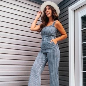 Universal Thread Denim Pinstripe Wide Leg Cropped Overalls